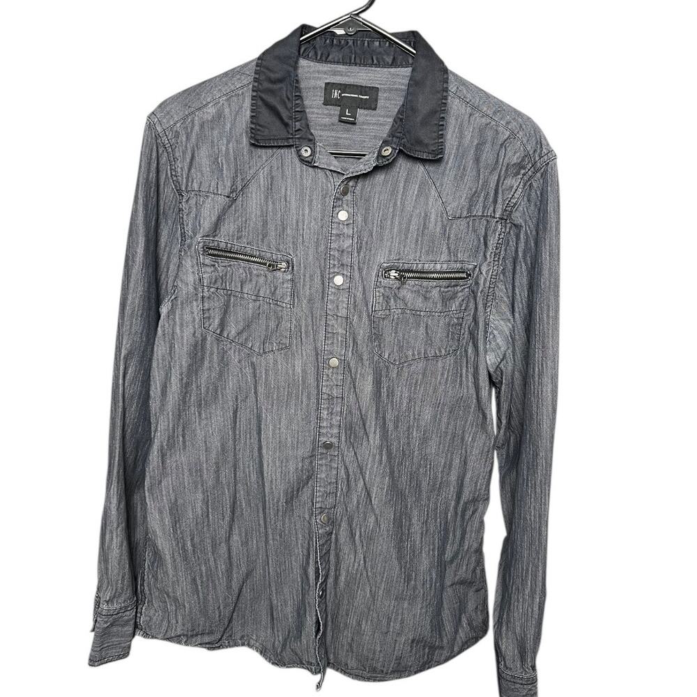 INC International Concepts Snap Front Long Sleeve Shirt Blue-Gray Denim Look - L